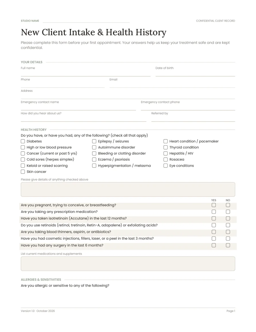 New Client Intake and Health History form with contact fields and a health checklist