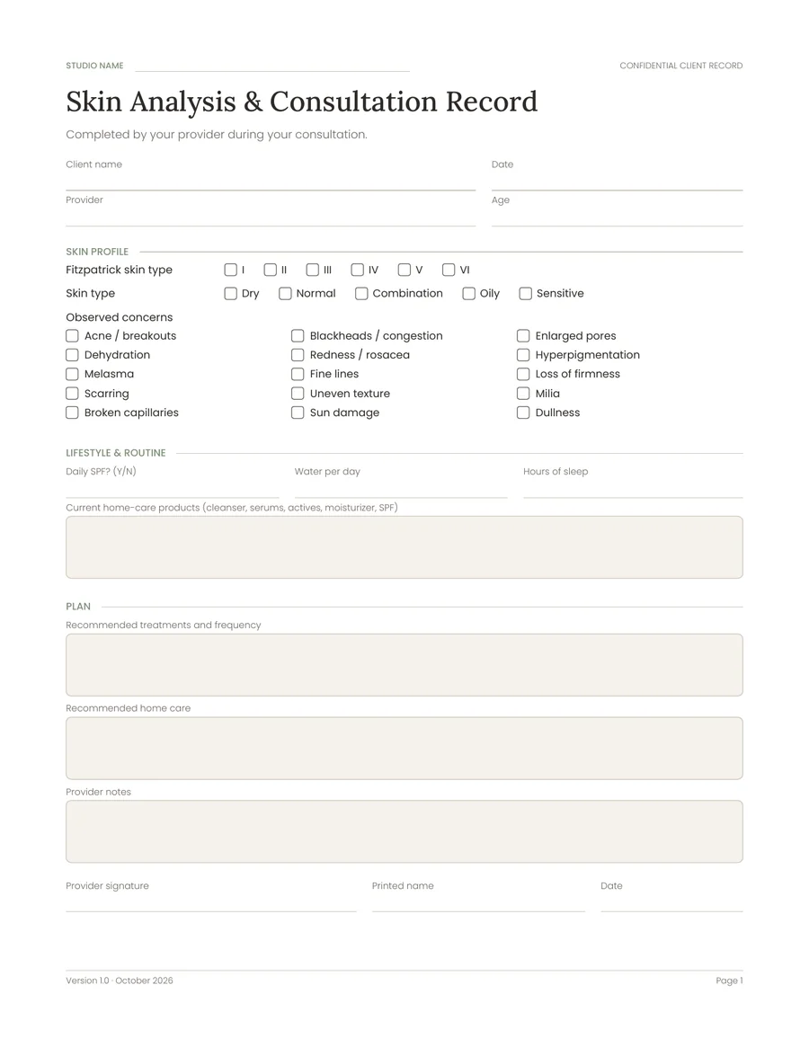Skin Analysis and Consultation Record with skin type and concern checkboxes