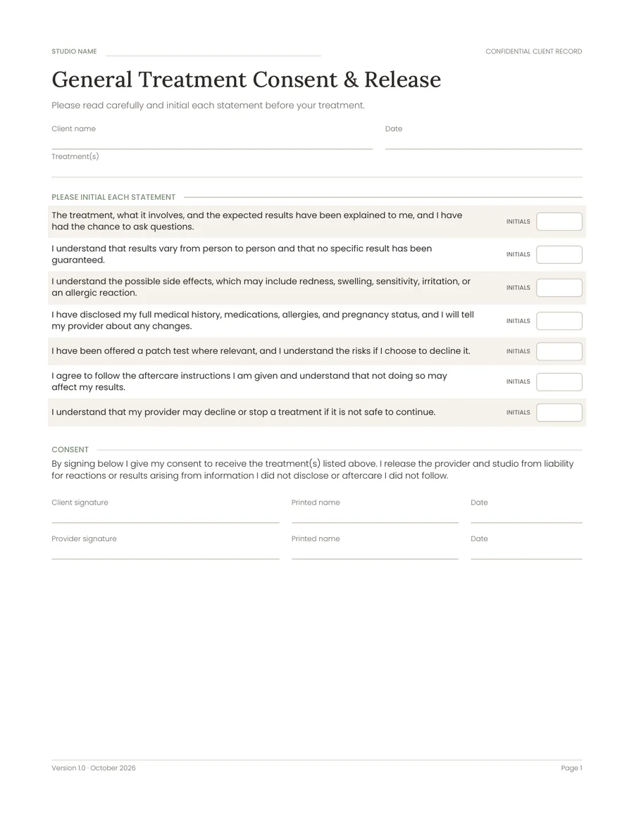 General Treatment Consent and Release with statements to initial and signature lines