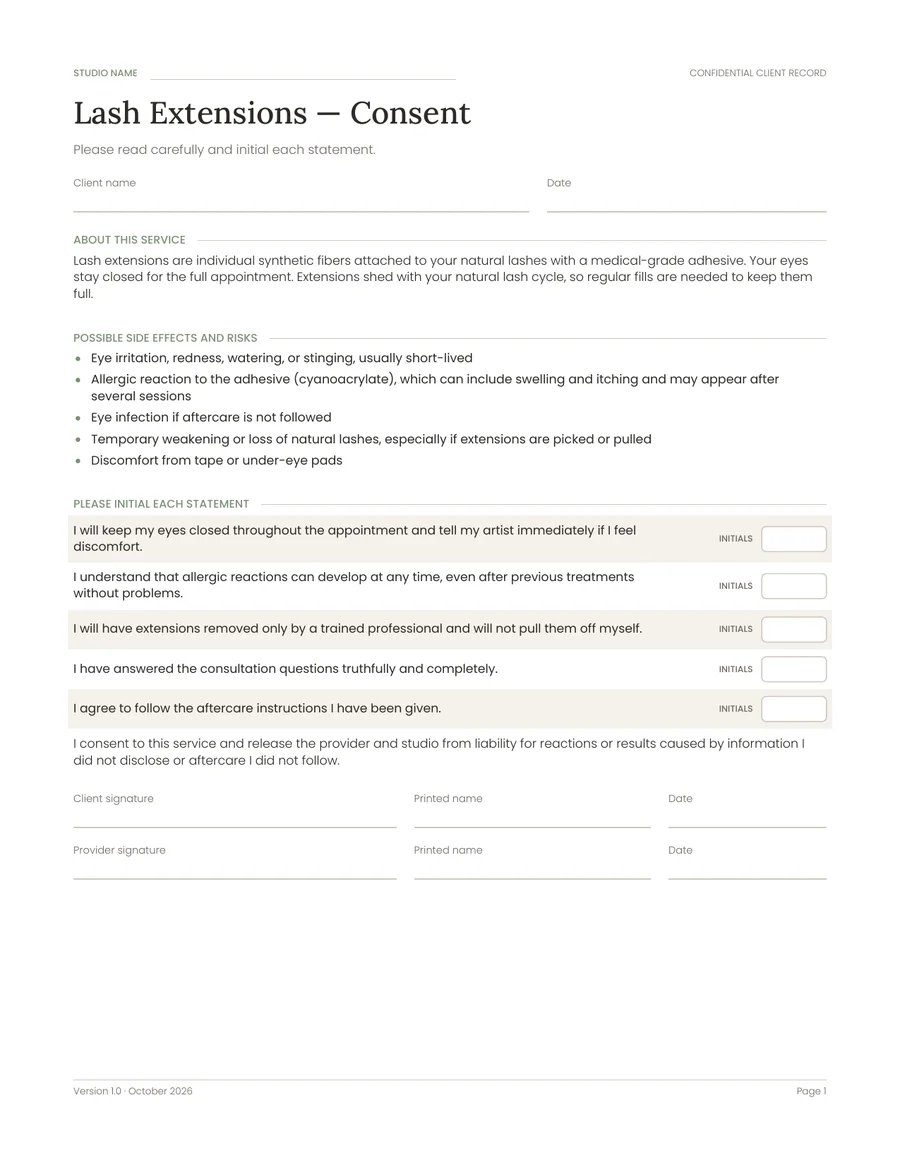 Lash Extensions Consent form listing possible side effects and statements to initial