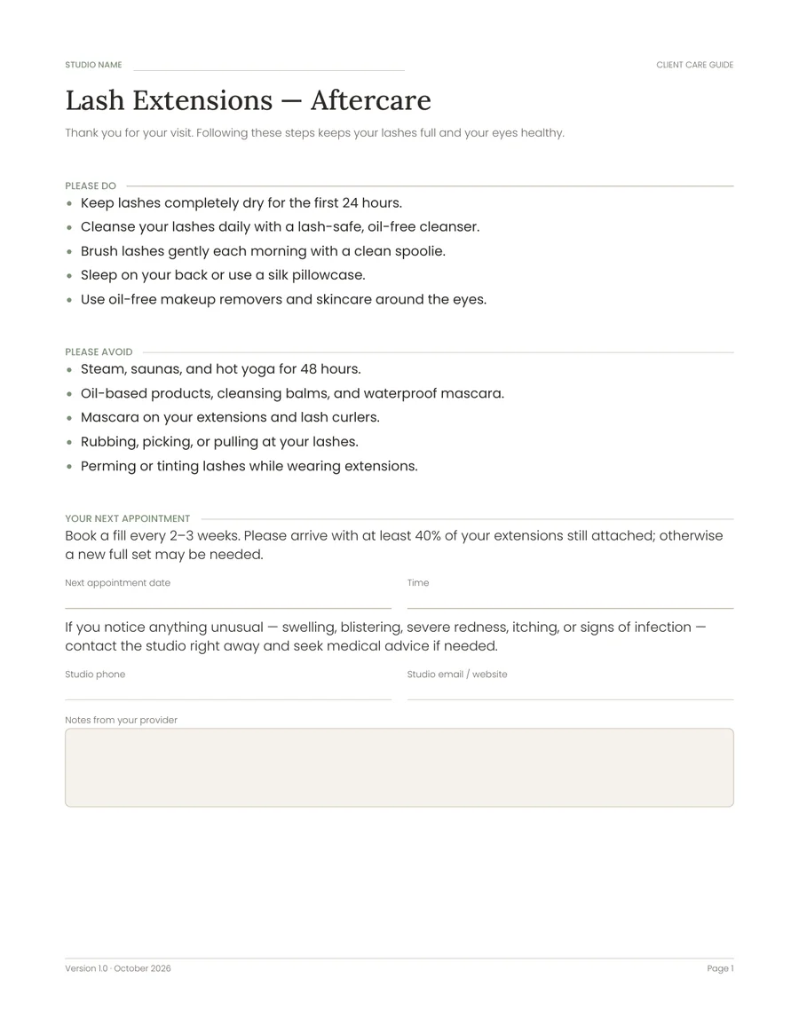 Lash Extensions Aftercare sheet with please-do and please-avoid lists