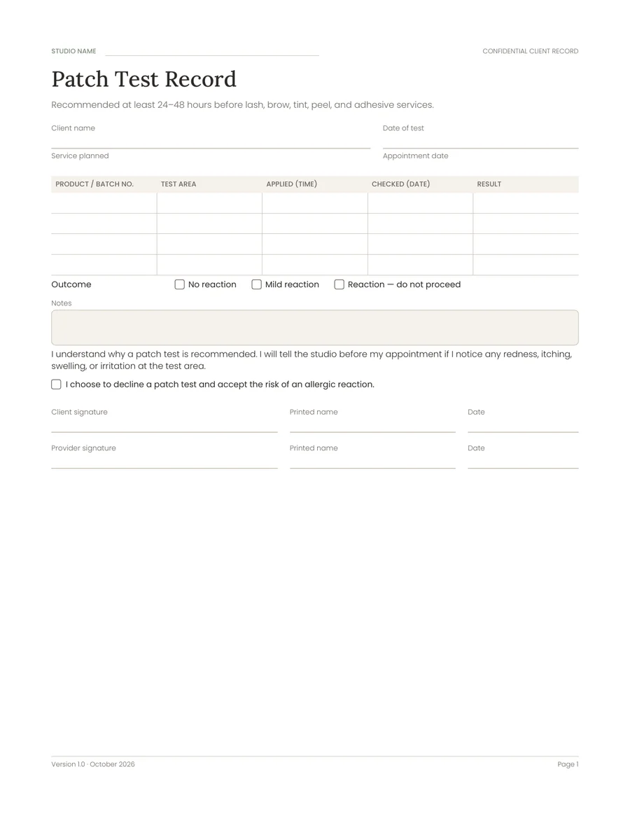 Patch Test Record with a product and test table and outcome checkboxes