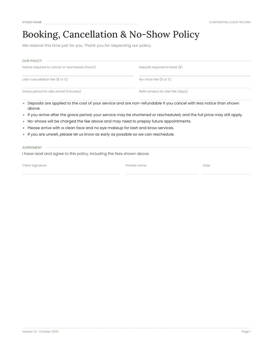 Booking, Cancellation and No-Show Policy with fields for notice, deposit and fees
