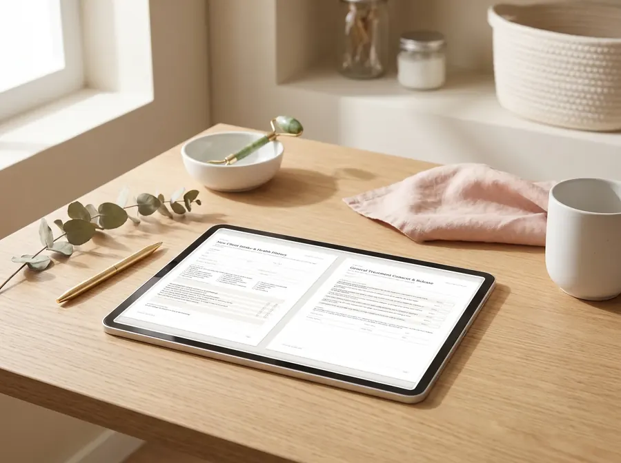 An iPad on a wooden desk showing the New Client Intake and General Treatment Consent forms side by side