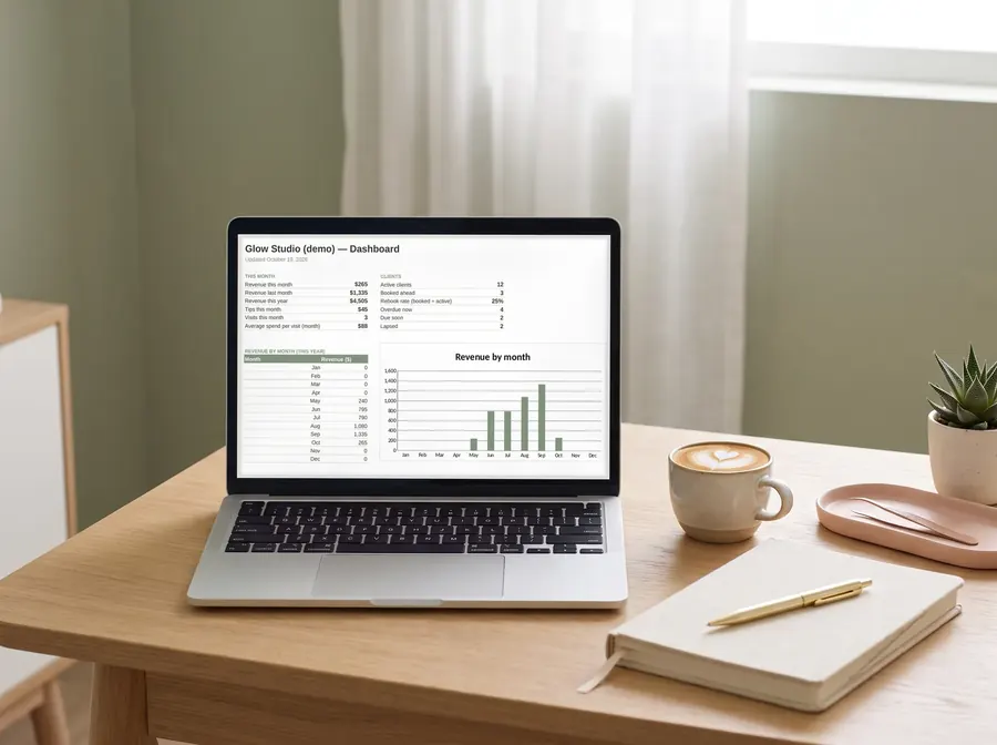 A laptop on a studio desk showing the tracker dashboard with monthly revenue and client counts, using demo data