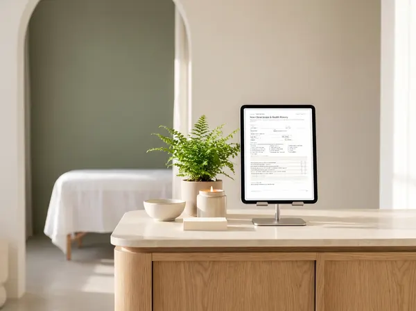 A tablet on a stand at a studio reception desk showing the New Client Intake form